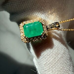14K Yellow Gold LeVian Necklace Colombian Emerald 1.2 Carats Diamonds .21 Carats
